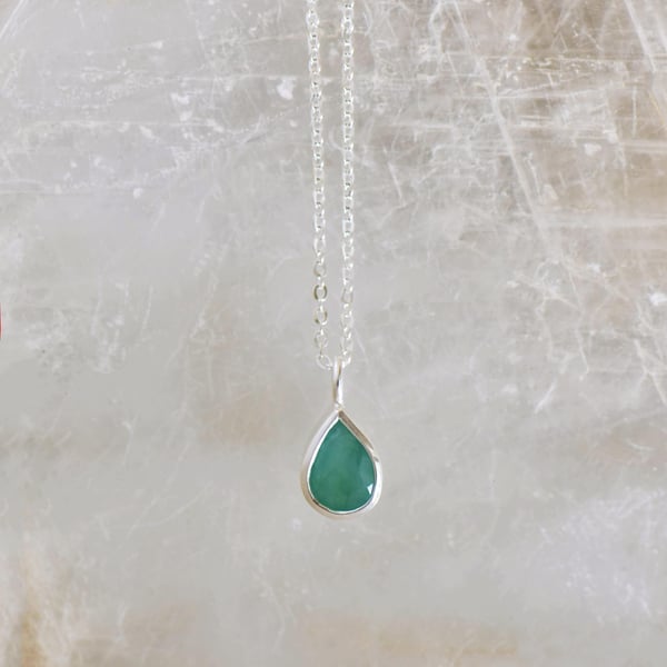 Image of Emerald grade A pear cut silver necklace