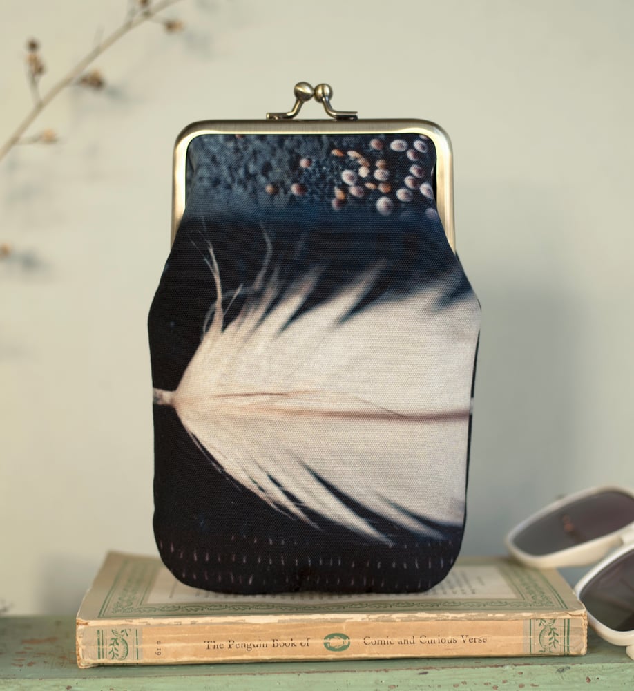 Image of White feather barnacles, glasses case with kisslock frame