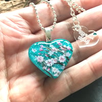 Image 3 of Cherry Blossom Turquoise Abstract Resin Mini Heart Pendant