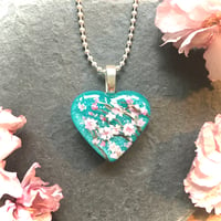 Image 1 of Cherry Blossom Turquoise Abstract Resin Mini Heart Pendant