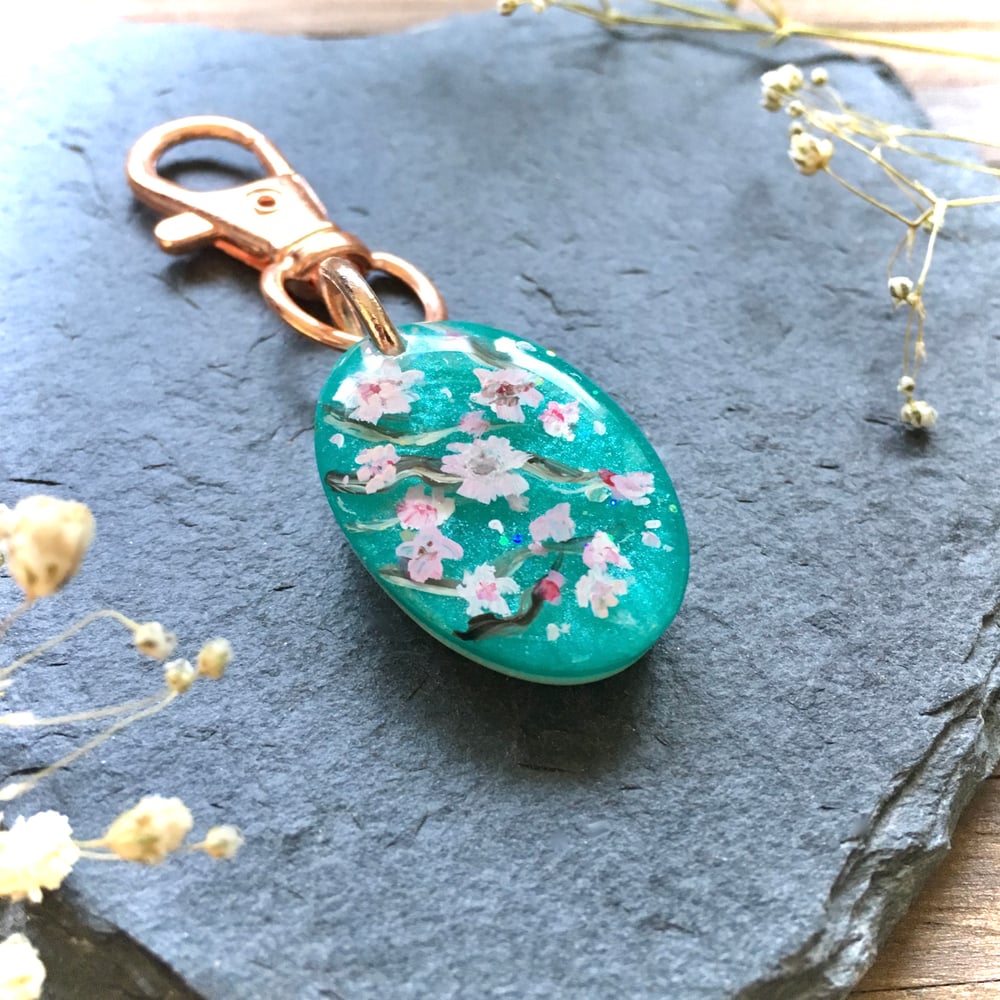 Cherry Blossom Turquoise Abstract Resin Mini Heart Pendant