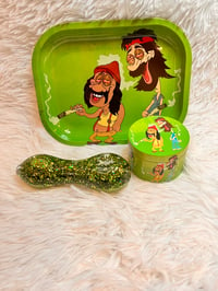 Image 1 of 3 Piece Glitter Glass Pipe Rolling Tray Set With a Large Grinder  