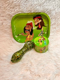 Image 2 of 3 Piece Glitter Glass Pipe Rolling Tray Set With a Large Grinder  