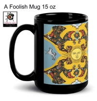 Image 1 of 'The Four Fools' Tarot Black Glossy Mug