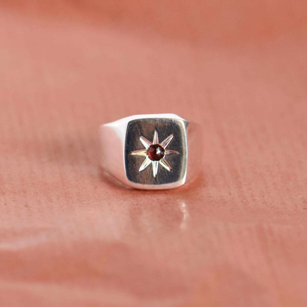 Image of Red Star x Red Garnet rose cut signet silver ring