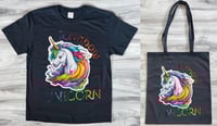 Image 1 of Rainbow Unicorn Graphic T-Shirt and Tote Bag Set - Kawaii Rainbow Unicorn Design
