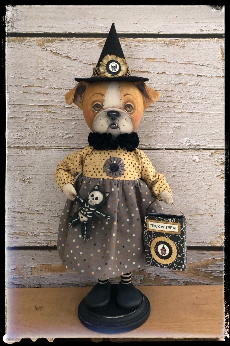 Bullinda the Folk Art Halloween Witch English Bull Dog doll Penny