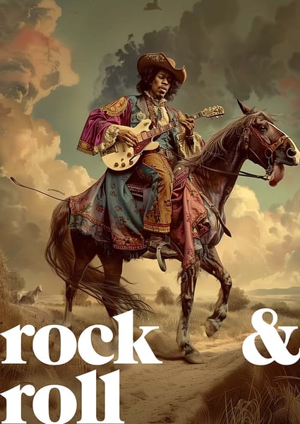 Image of Jimi playing Guitar on a horse - Music is My Religion