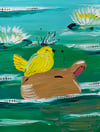 “Capybara Stack” - 11”x14” oil on canvas with gems ready to ship 4-10-24 ! 