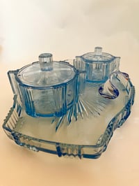 Image 1 of Art Deco Blue Glass Trinket/Dressing Table Set
