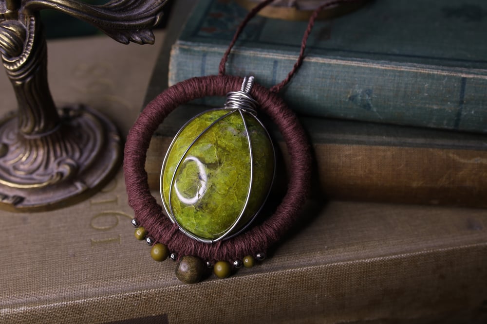 Image of Brown hemp pistachio opal necklace