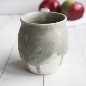 Image of Matte Camo Green and White Stoneware Mug, Rustic Pottery Coffee Cup, Ready to Ship Made in USA