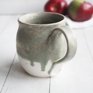Image of Matte Camo Green and White Stoneware Mug, Rustic Pottery Coffee Cup, Ready to Ship Made in USA