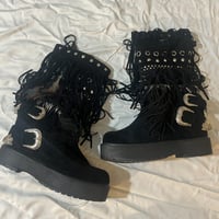one of a kind platform black feather and charm boots