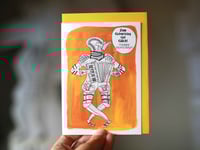 Image 1 of 'HAPPY BIRTHDAY!' GERMAN KNIGHT WITH ACCORDION GREETING CARD - STORY ON REVERSE