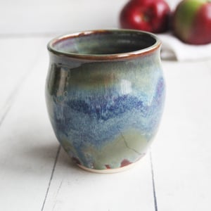 Image of Stoneware Coffee Mug in Olive Green, Blue and Raspberry Glazes Handmade Pottery 14 oz. Made in USA 