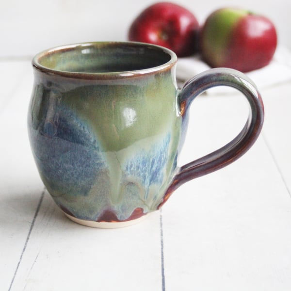 Image of Stoneware Coffee Mug in Olive Green, Blue and Raspberry Glazes Handmade Pottery 14 oz. Made in USA 