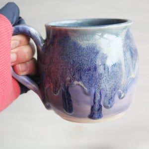 Image of Stoneware Mug in Dripping Blue and Purple Glazes, 14 oz. Handmade Pottery Coffee Cup, Made in USA