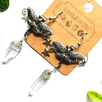 Image 3 of Luna Moth & Quartz Silver Drop Earrings