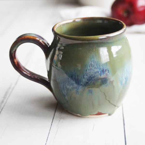 Image of Stoneware Coffee Mug in Olive Green and Blue Glazes, Discounted "Second", 14 oz. Made in USA