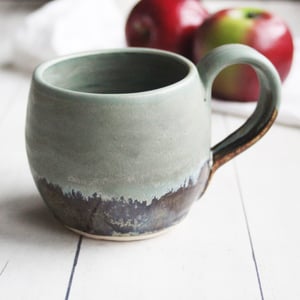 Image of Stoneware Coffee Mug in Matte Avocado Green and Brown Glazes, Handmade Pottery 12 oz. Made in USA