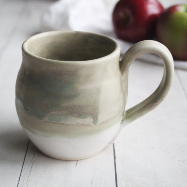 Image of Matte Camo Green and White Stoneware Mug, 15 Oz. Rustic Coffee Cup, Ready to Ship Made in USA