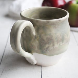Image of Matte Camo Green and White Stoneware Mug, 15 Oz. Rustic Coffee Cup, Ready to Ship Made in USA