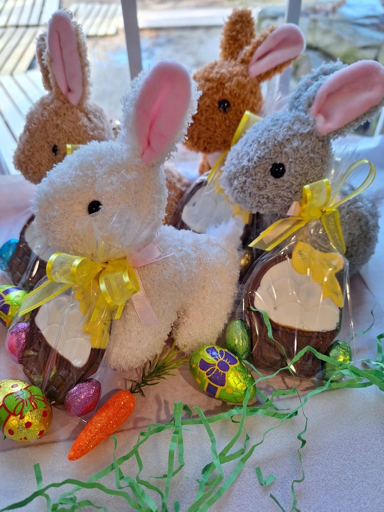 Image of Baby bunnies with chocolate Easter baskets