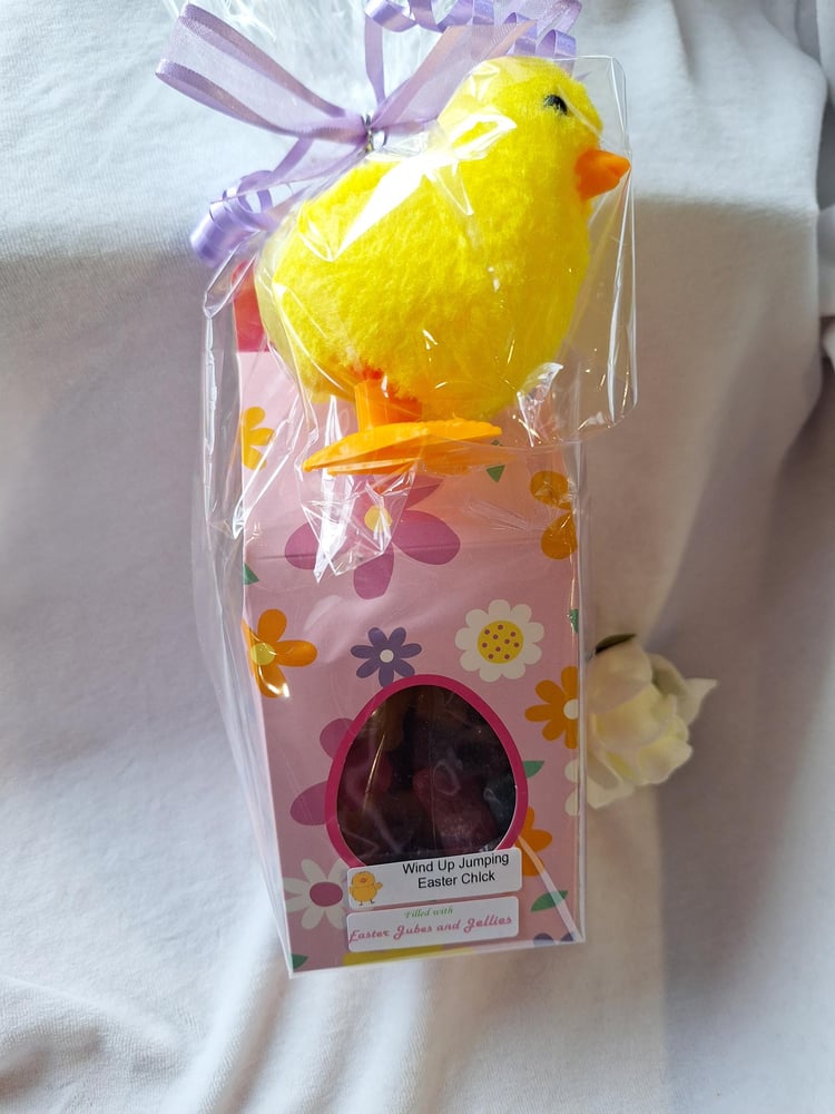 Image of Wind up Easter chick with box of Easter candy