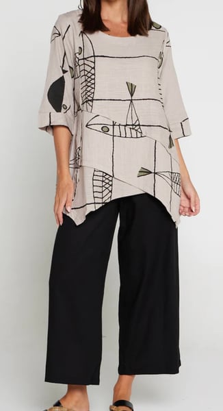 Image of Asymmetrical Linen/Cotton Top - Fish Print Taupe