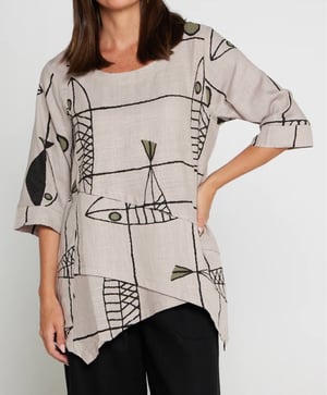 Image of Asymmetrical Linen/Cotton Top - Fish Print Taupe