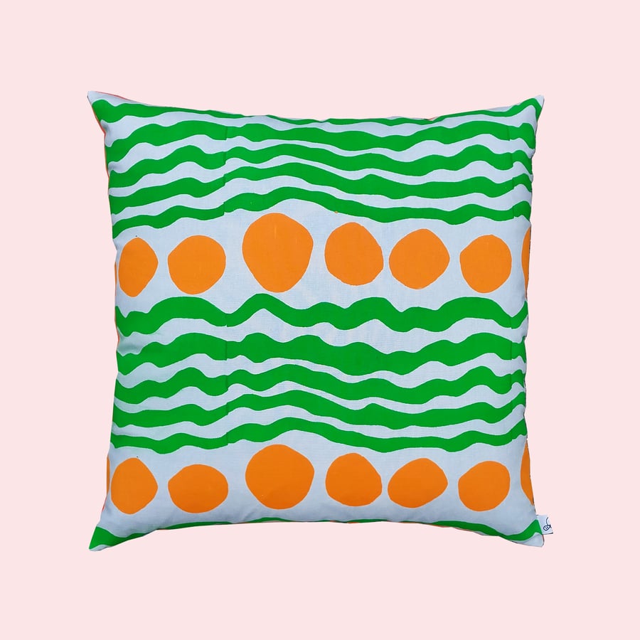 Image of AT THE BEACH CUSHION - BLUE & ORANGE or GREEN & ORANGE