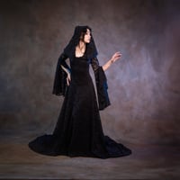Image 1 of black elven lace dress hood wedding elven dress gown maxi long train bell sleeves fantasy  vampire 