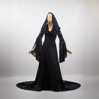 Image 2 of black elven lace dress hood wedding elven dress gown maxi long train bell sleeves fantasy  vampire 