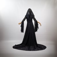 Image 3 of black elven lace dress hood wedding elven dress gown maxi long train bell sleeves fantasy  vampire 