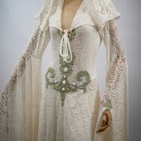 Image 3 of ecru elven lace dress hood wedding elven dress gown maxi long train bell sleeves fantasy medieval
