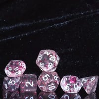 Image 5 of 7pcs/set, Mini Dice, Game Dice, Acrylic Polyhedral Design Monochrome Style Transparent Pink
