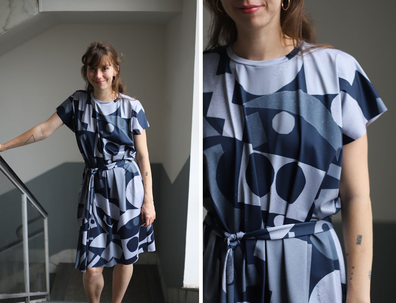 Image of BLUE-GREY SHAPES LOOSE DRESS