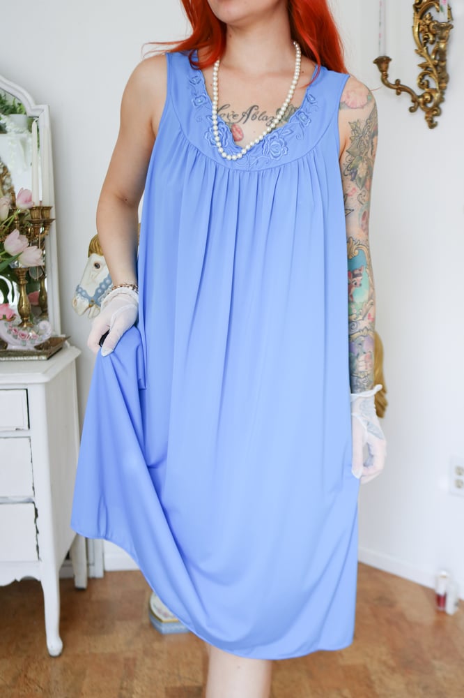 Image of Y2K Miss Elaine Deep Sea Blue Nightgown with Floral Embroidery (Large) 