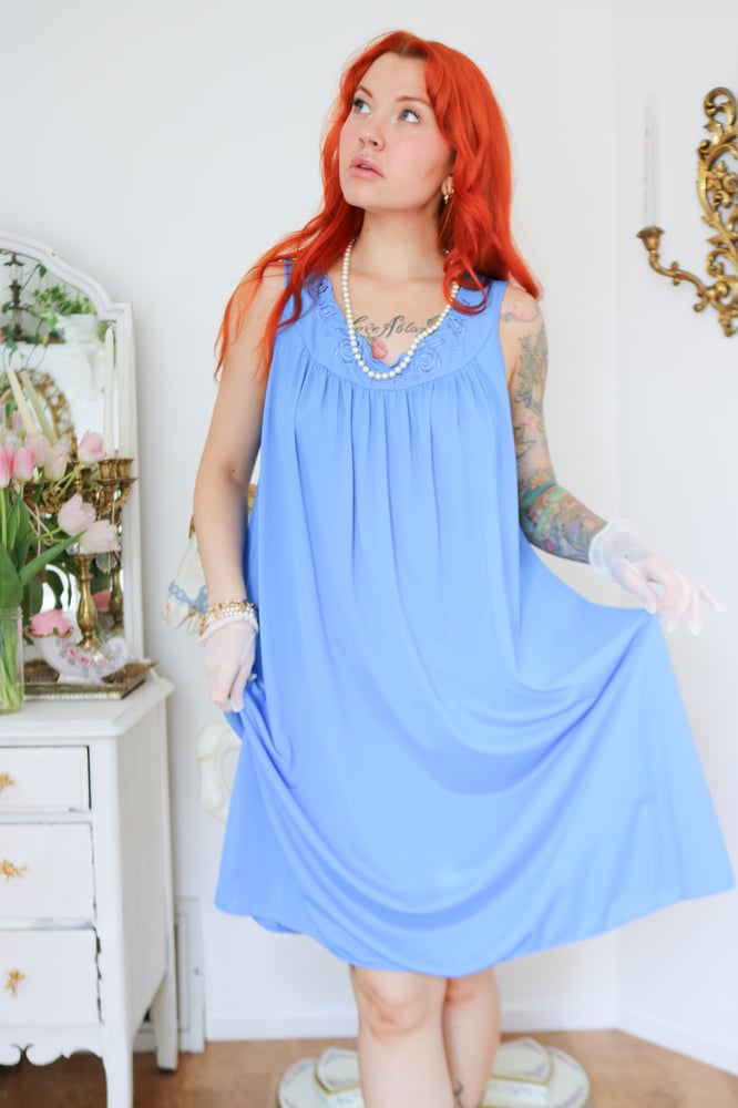 Image of Y2K Miss Elaine Deep Sea Blue Nightgown with Floral Embroidery (Large) 