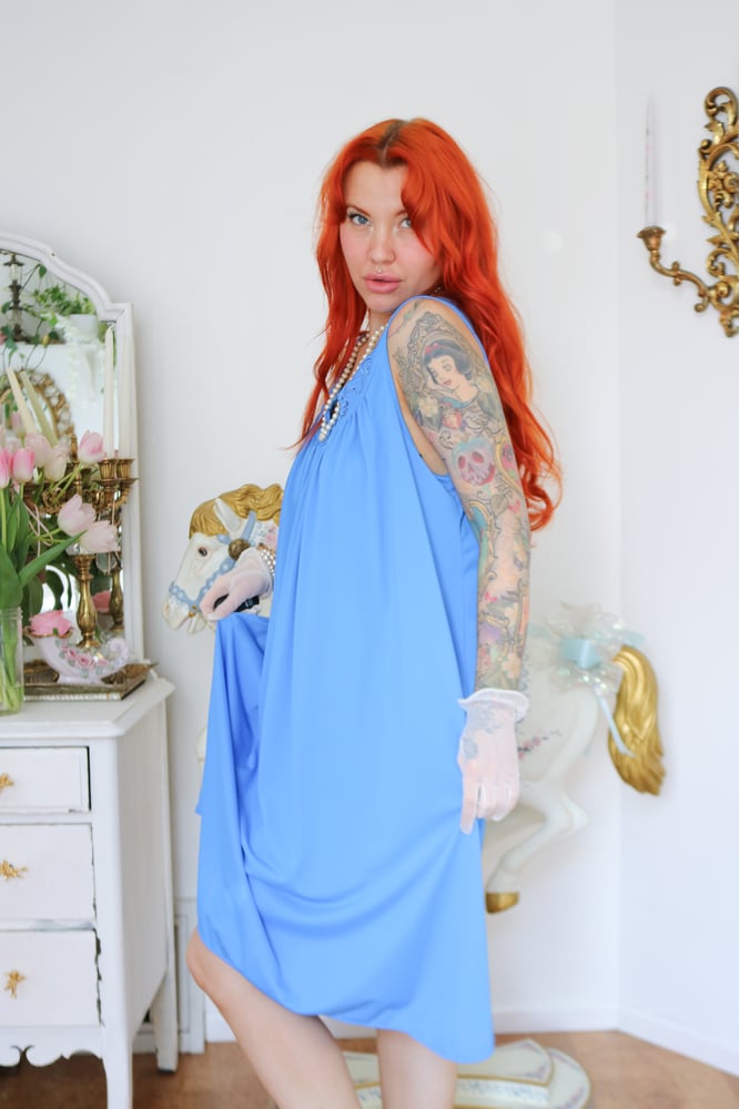Image of Y2K Miss Elaine Deep Sea Blue Nightgown with Floral Embroidery (Large) 