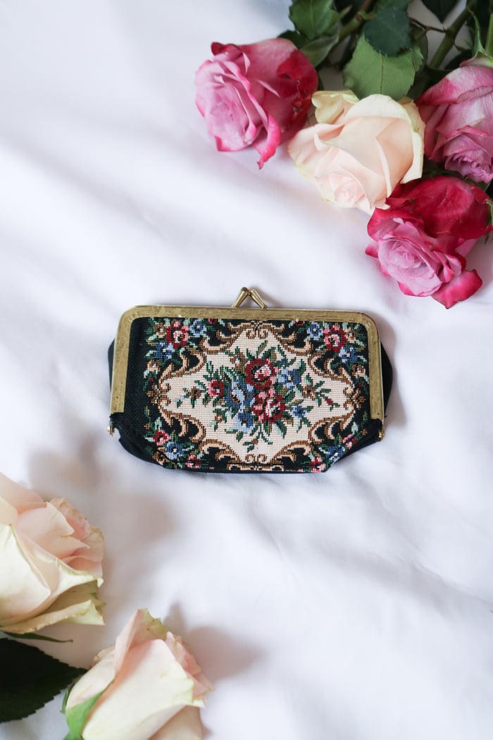 Vintage Floral Needle Point Cosmetic Purse with Mirror 
