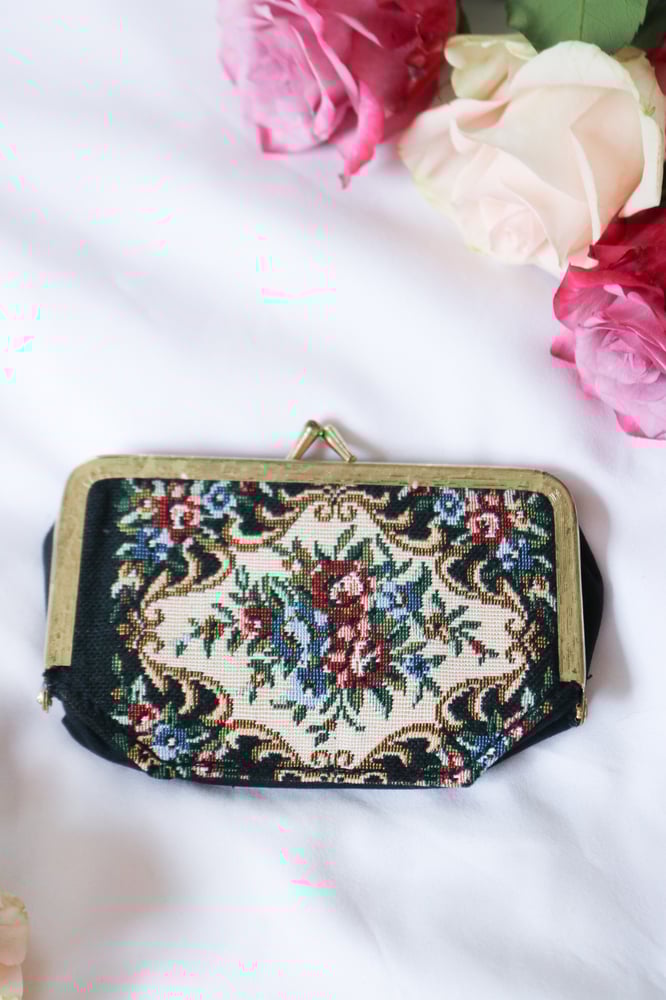 Image of Vintage Floral Needle Point Cosmetic Purse with Mirror 
