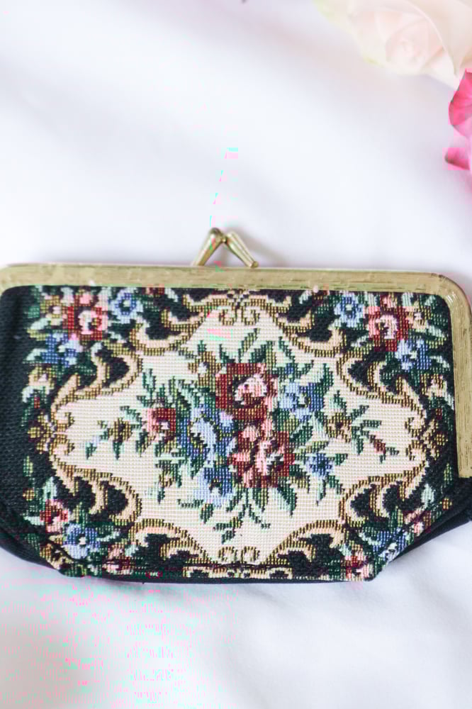 Image of Vintage Floral Needle Point Cosmetic Purse with Mirror 