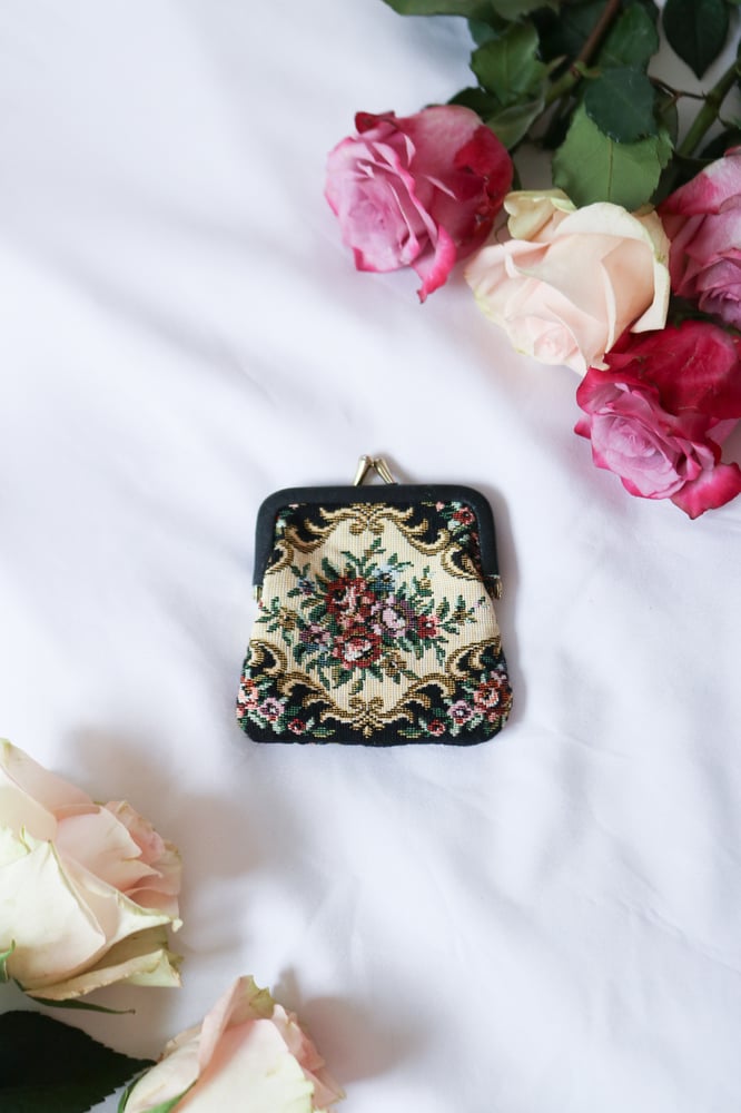 Image of Vintage Needle Point Tapestry Floral Coin Purse 