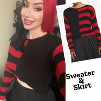 black and red striped crop sweater AND black skater skirt