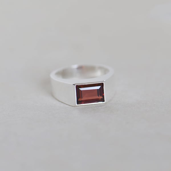 Image of Fire Red Garnet rectangle cut wide band silver ring
