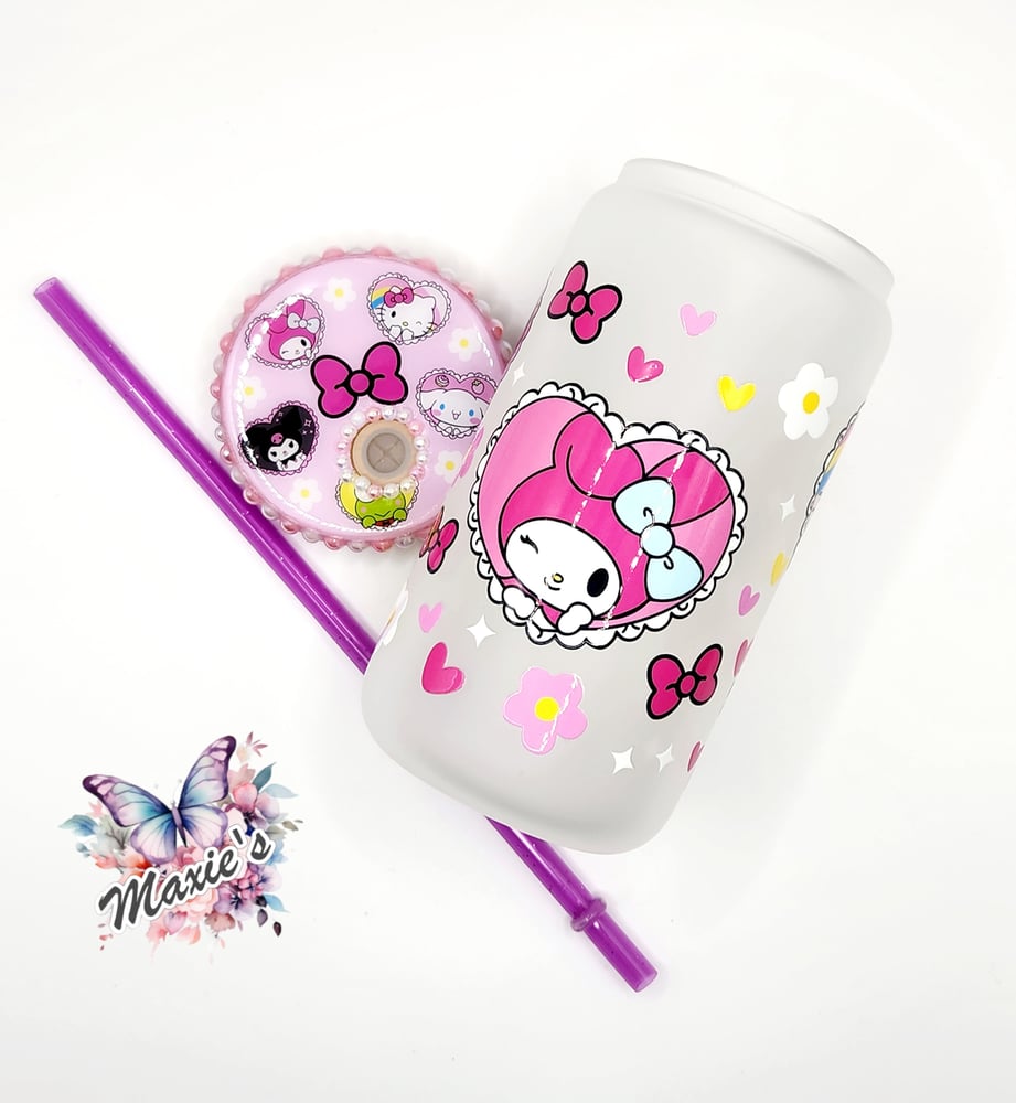 Image of Kitty & Friends Graphic Design 16oz. Frosted Libbey Glass Cup 