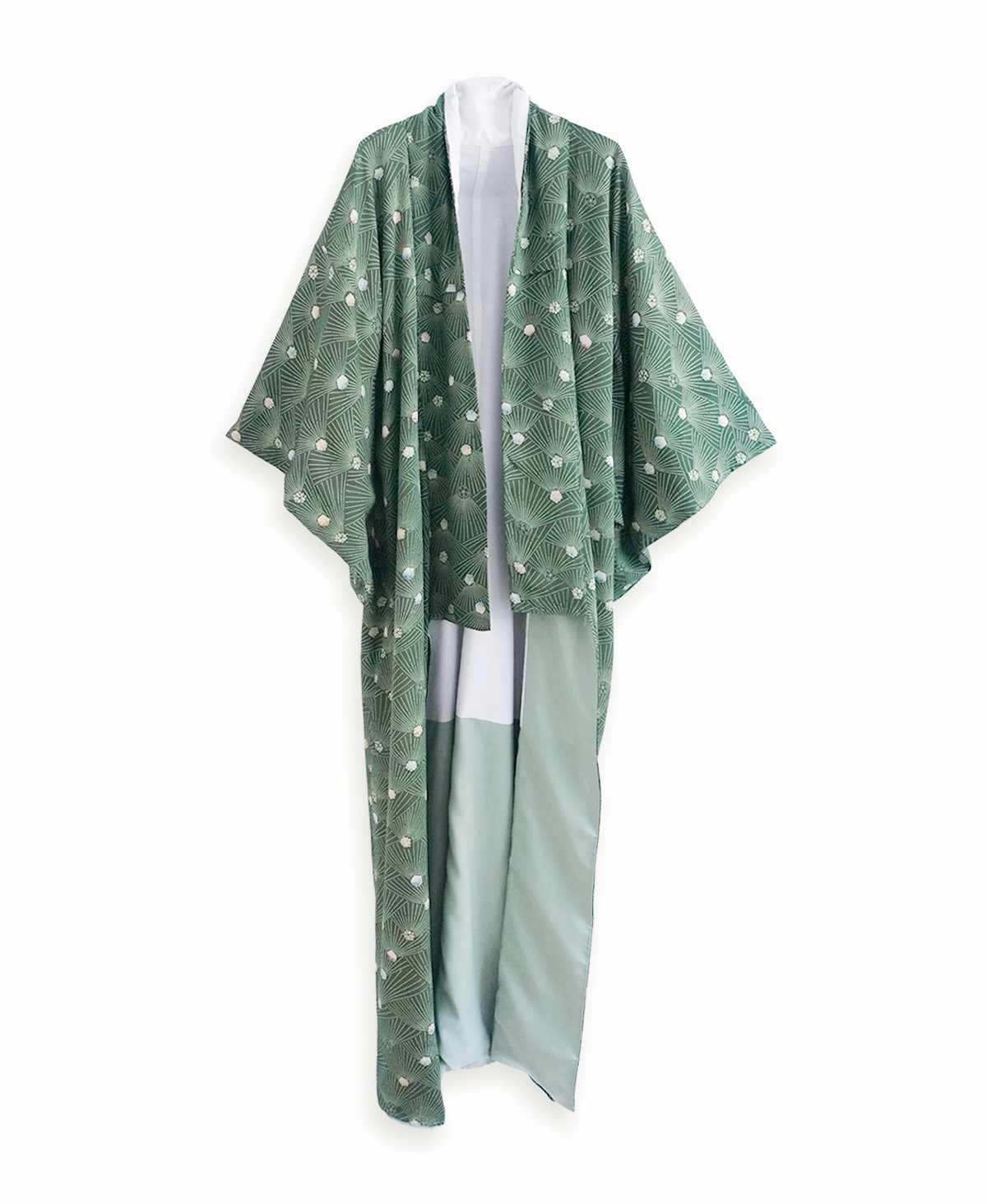 Image of Grøn silke kimono dame med fyrenåle