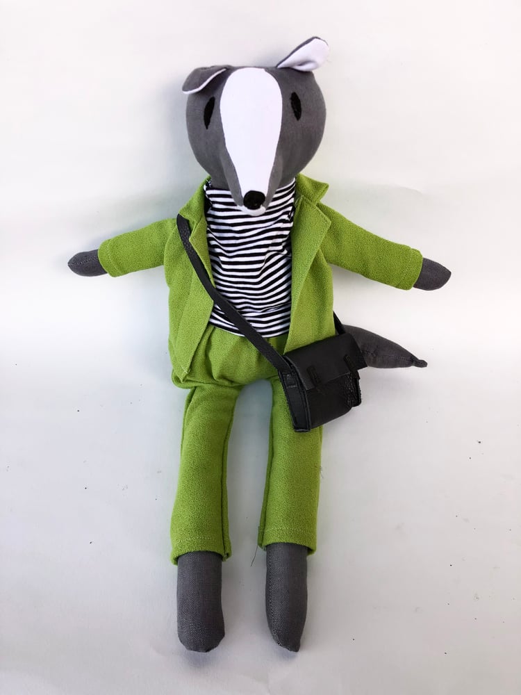 Image of Handmade toy Badger wearing his pea green suit 